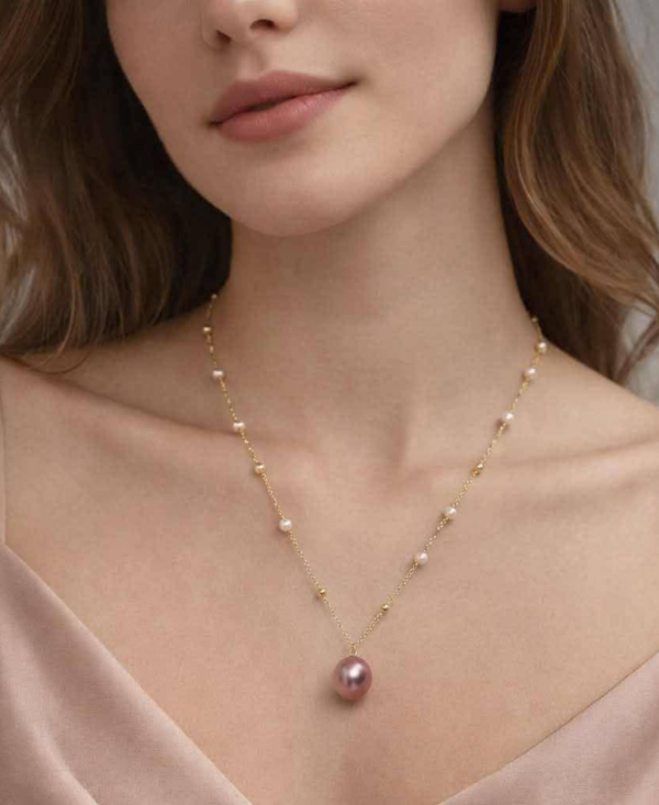 Big Sea Pearl & Freshwater Pearl Necklace – Pink Pearl with Gold Plated Adjustable Chain